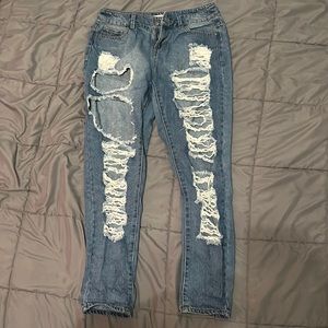Distressed, high rise skinny jeans